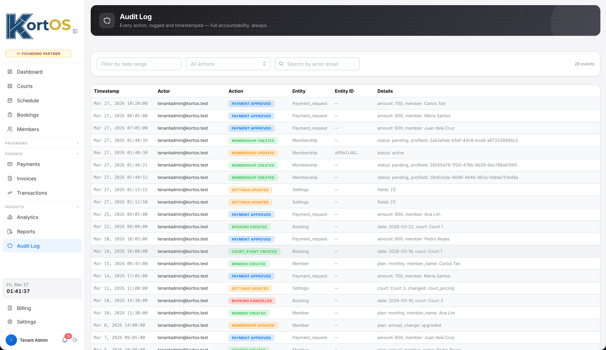KortOS audit log showing payment approvals, bookings, and settings changes
