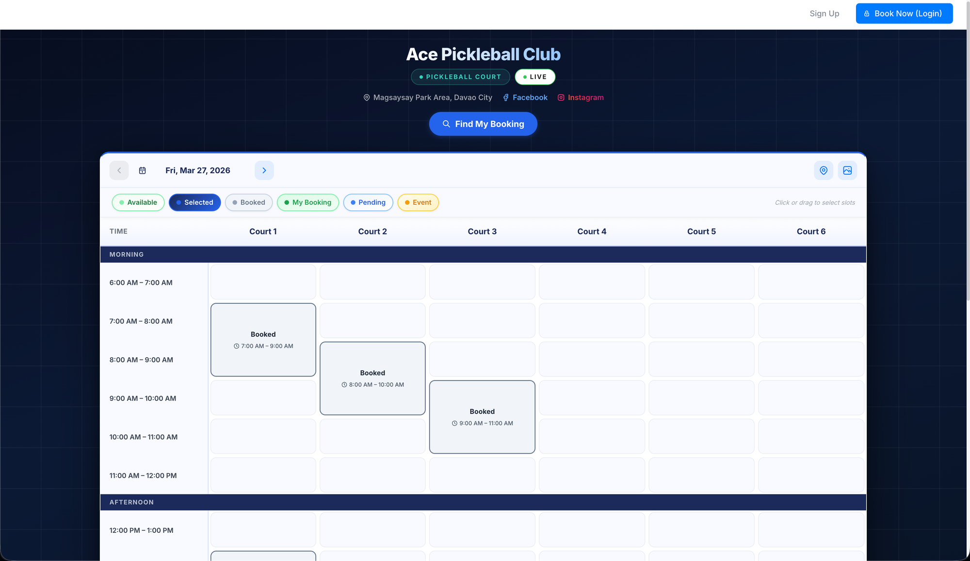 KortOS public booking calendar where members pick a court and time slot