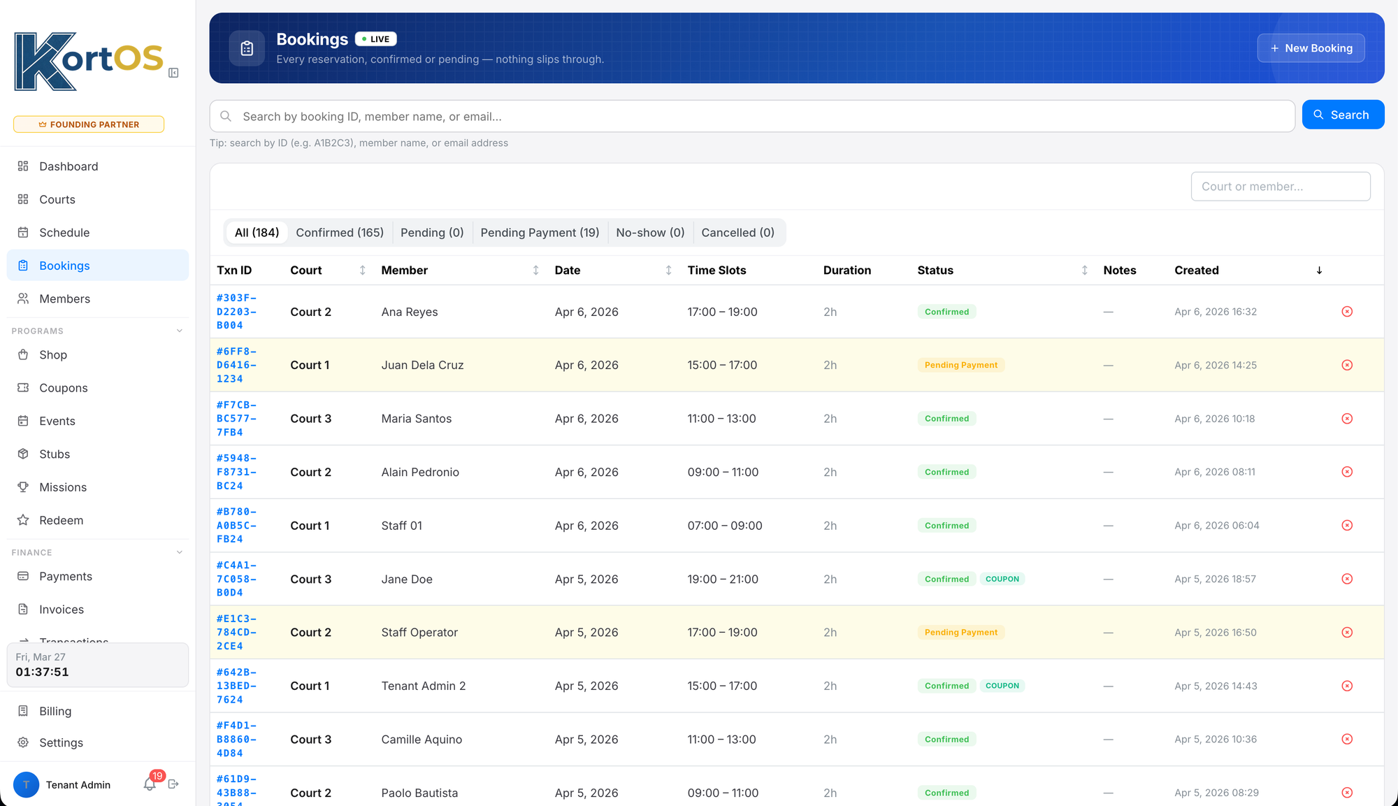 KortOS bookings table showing 184 confirmed and pending bookings with coupon badges