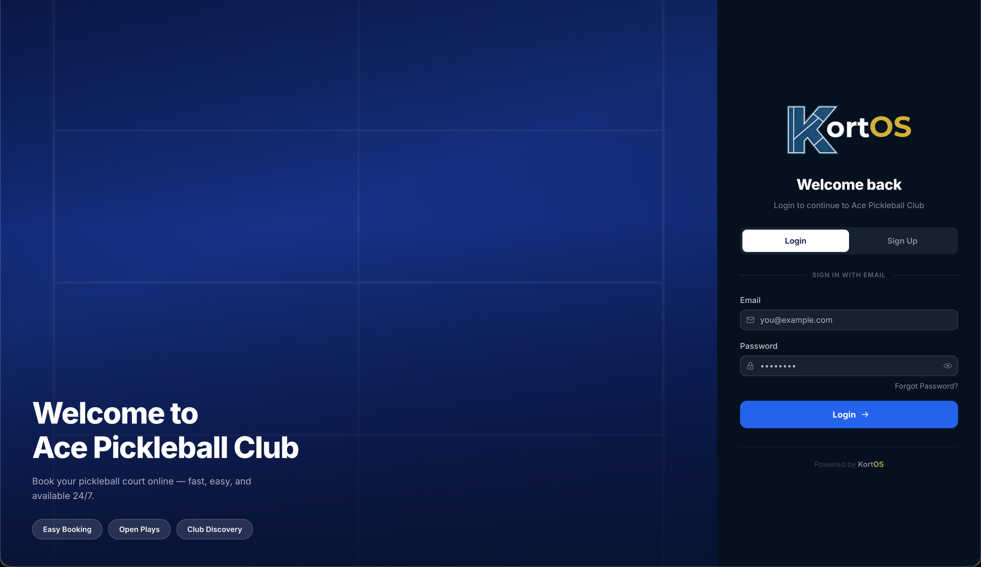 KortOS branded login page for Ace Pickleball Club members