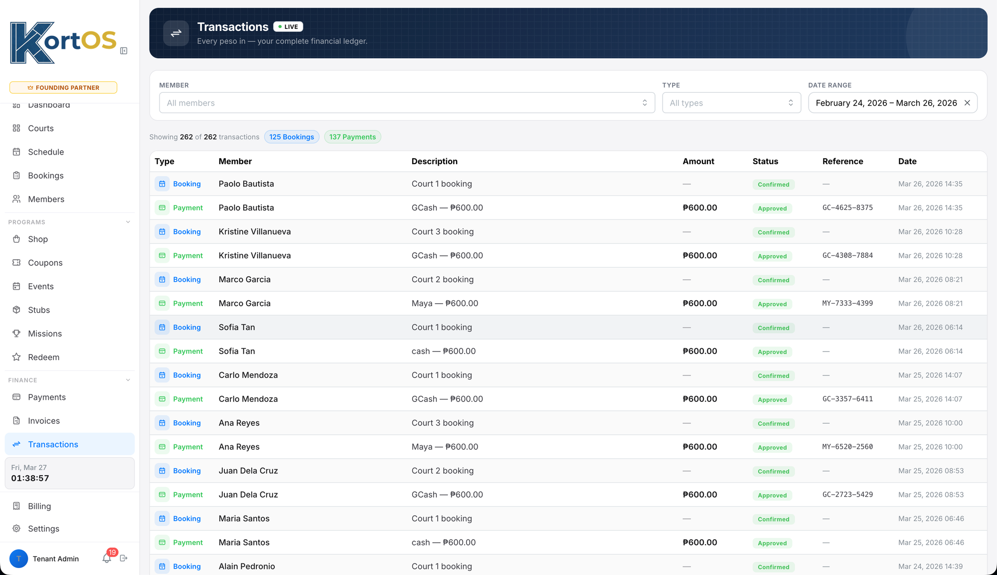 KortOS transactions view showing 262 payment and booking records